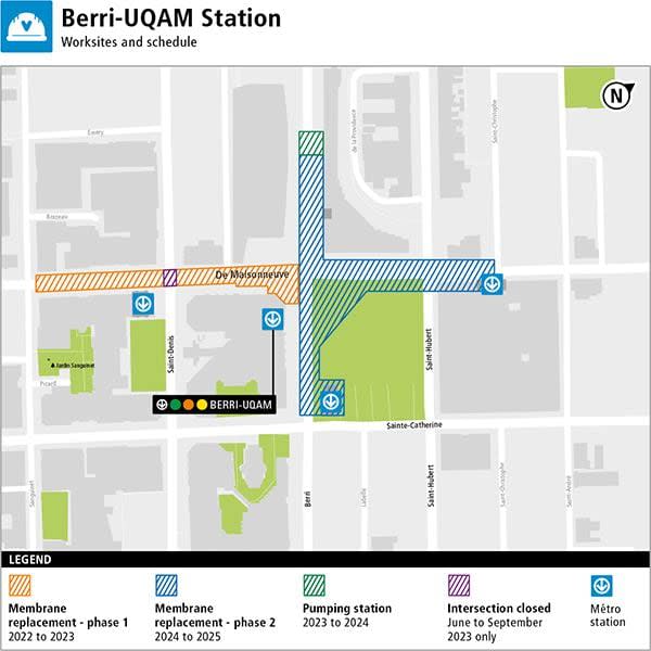 A map showing the original schedule for the Berri-UQAM project showing which streets would be impacted by the renovations and for how long.  