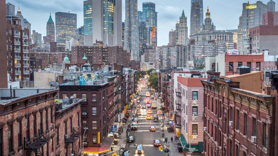 High angle view of Lower Manhattan cityscape - Chinatown, New York, USA.