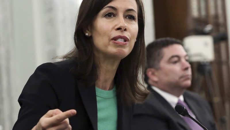 Jessica Rosenworcel, a Federal Communications Commission commissioner, speaks during hearing on Capitol Hill in Washington, June 24, 2020. The Federal Communications Commission is outlawing robocalls that contain voices generated by artificial intelligence. The decision sends a clear message that exploiting the technology to scam people and mislead voters won’t be tolerated.