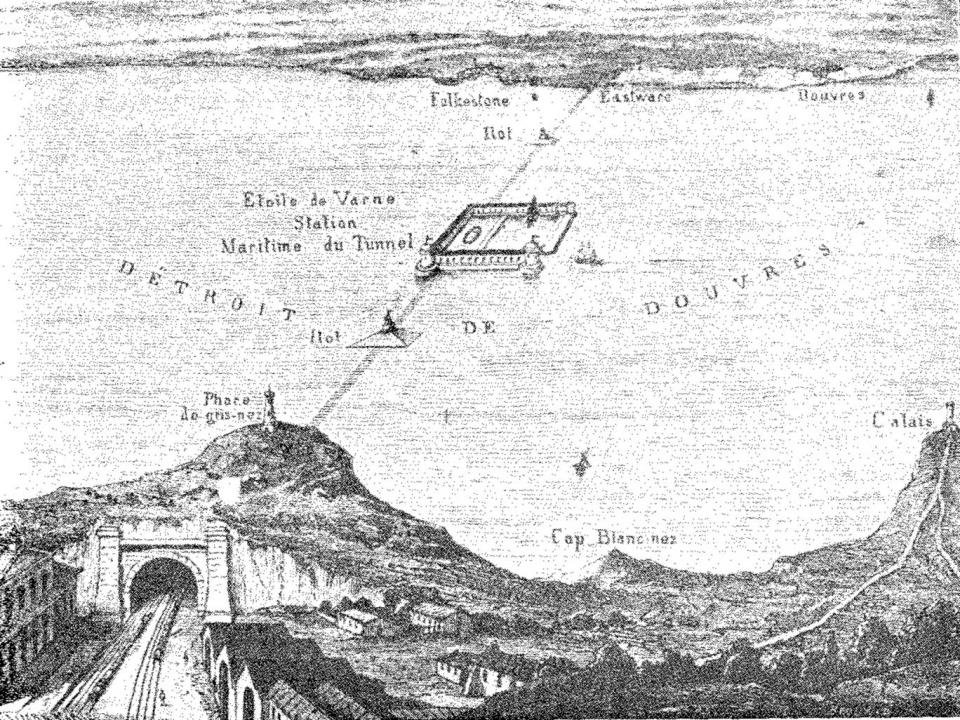 Thomé de Gamond's 1856 plan for a Channel tunnel, with a harbour mid-Channel on the Varne sandbank. The Frenchman presented seven design proposals, eventually persuading Queen Victoria, but not PM Lord Palmerston. (Creative Commons)