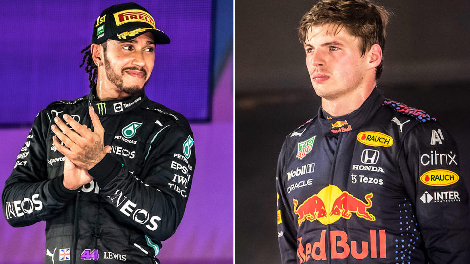 Pictured left, Lewis Hamilton alongside a photo of F1 rival Max Verstappen.