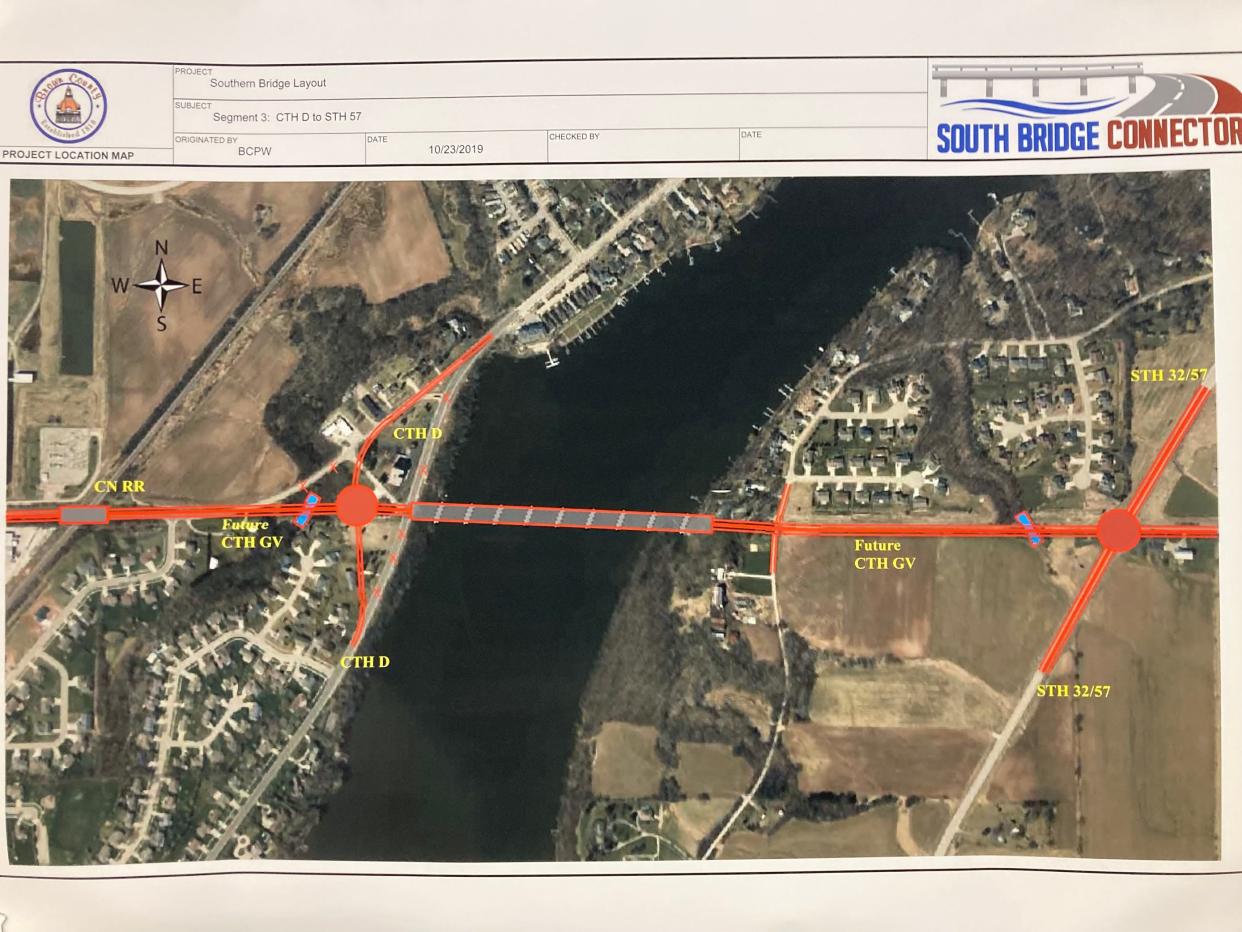 This image shows the planned location of the new bridge south of De Pere that would connect the east and west sides of the Fox River as part of Brown County's South Bridge Connector project.