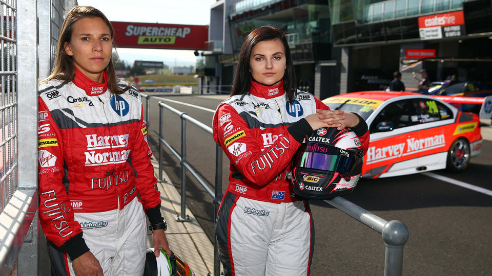 Simona De Silvestro and Renee Gracie, pictured here at the Bathurst 1000 in 2015.