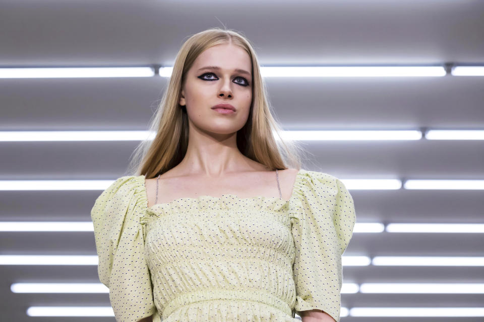 A model wears a creation by Roberta Einer at the Spring/Summer 2020 fashion week runway show in London, Friday, Sept. 13, 2019. (Photo by Grant Pollard/Invision/AP)