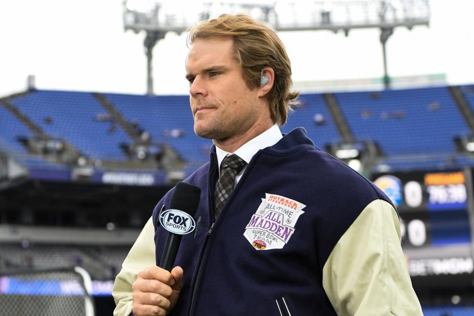 Fox Sports broadcaster Greg Olsen wears and All Madden varsity jacket in honor of John Madden. He will call Giants-Cowboys on Thanksgiving as the NFL celebrates Madden's legacy and connection to football on the holiday. (AP Photo/Terrance Williams)