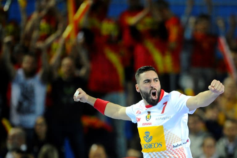 Spain's left wing Valero Rivera celebrates scoring during the 25th IHF Men's World Championship 2017 Group B handball match Tunisia vs Spain on January 14, 2017 in Metz