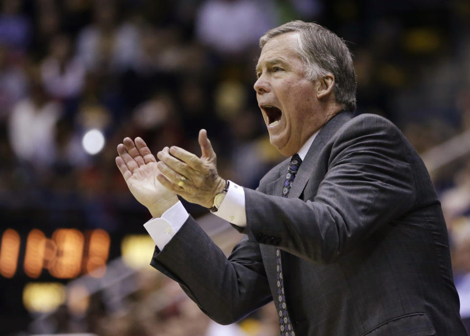 FILE - In this Jan. 18, 2014 file photo, California coach Mike Montgomery yells to his players during the first half of an NCAA college basketball game against Washington State, in Berkeley, Calif. Montgomery is retiring after six seasons at the school. Cal announced the decision after Montgomery met with athletic director Sandy Barbour on Monday, March 31, 2014. (AP Photo/Ben Margot, File)