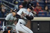 Detroit Tigers' Colt Keith follows through while at bat during the tenth inning of a baseball game against the New York Mets Monday, April 1, 2024, in New York. Keith reached first base on a fielders choice. Spencer Torkelson scored on the play. The Tigers won 5-0. (AP Photo/Frank Franklin II)