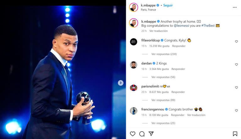 El posteo que subió Kylian Mbappé tras los Premios The Best. 