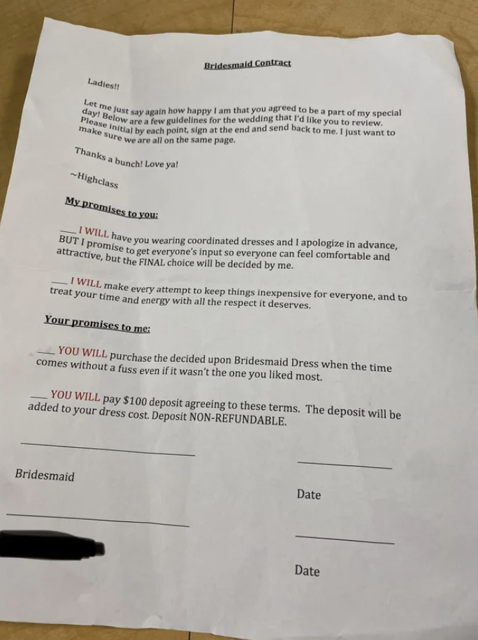 Contract asking the wedding party to pay a deposit"