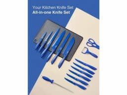 Set of 16 blue knives on cutting board with scissors, peeler and meat stick