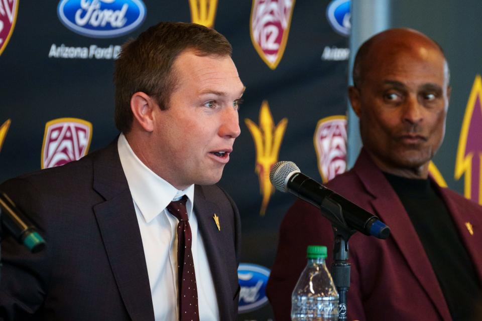 Kenny Dillingham speaks at his introductory press conference as ASUÕs 26th head football coach on Nov 27, 2022 in Sun Devil Stadium in Tempe, AZ.