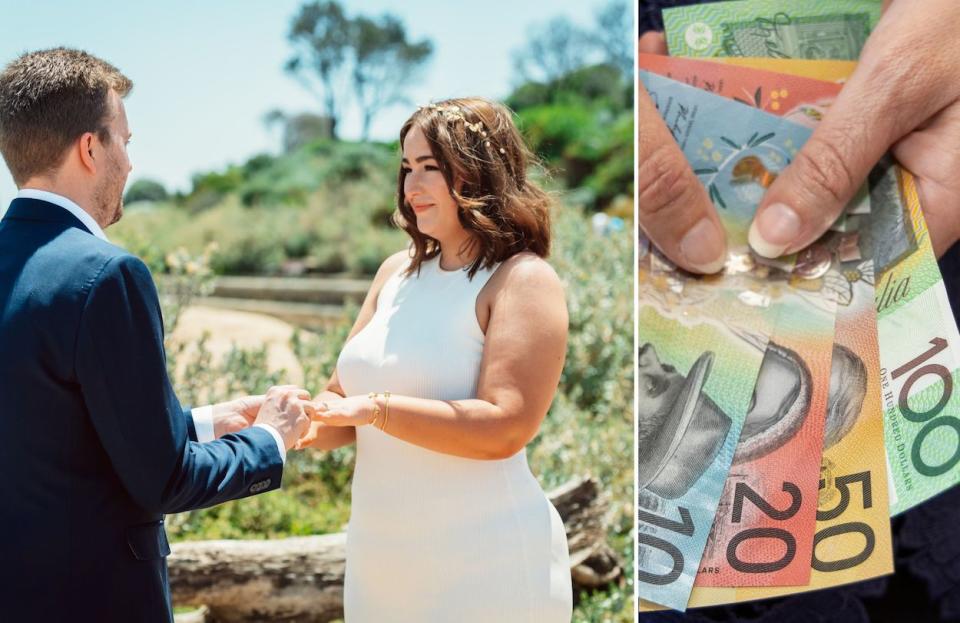 Compilation image of Emma at her micro wedding and hands fanning out a pile of cash