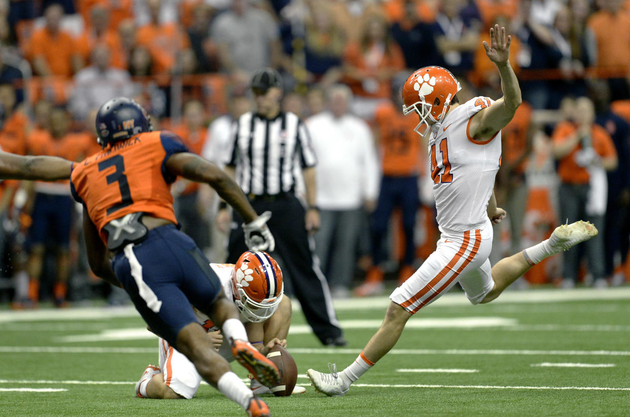 Clemson kicker Alex Spence (41) winds up for a field goal attempt during the second half of an NCAA college football game against Syracuse, Friday, Oct. 13, 2017, in Syracuse, N.Y. Syracuse upset Clemson 27-24. (AP Photo/Adrian Kraus)
