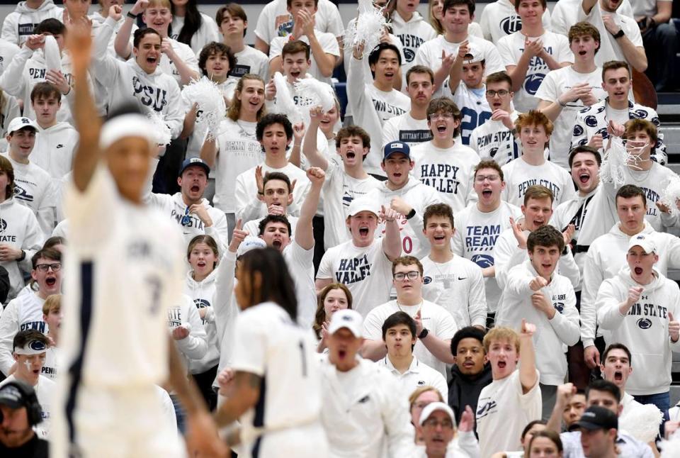 The Penn State student section celebrates a call during the game against Illinois on Wednesday, Feb. 21, 2024 at Rec Hall. Abby Drey/adrey@centredaily.com