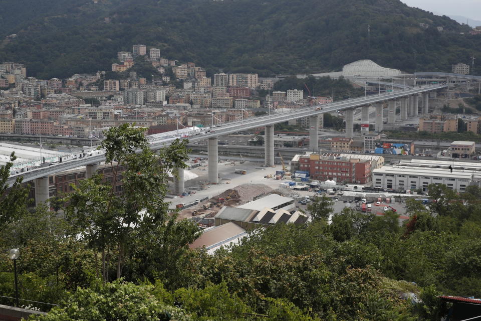 A view of the new bridge being inaugurated in Genoa, Italy, Monday, Aug. 3, 2020. A large section of the old Morandi bridge collapsed on Aug. 14, 2018, killing 43 people and forcing the evacuation of nearby residents from the densely built-up area. (AP Photo/Antonio Calanni)