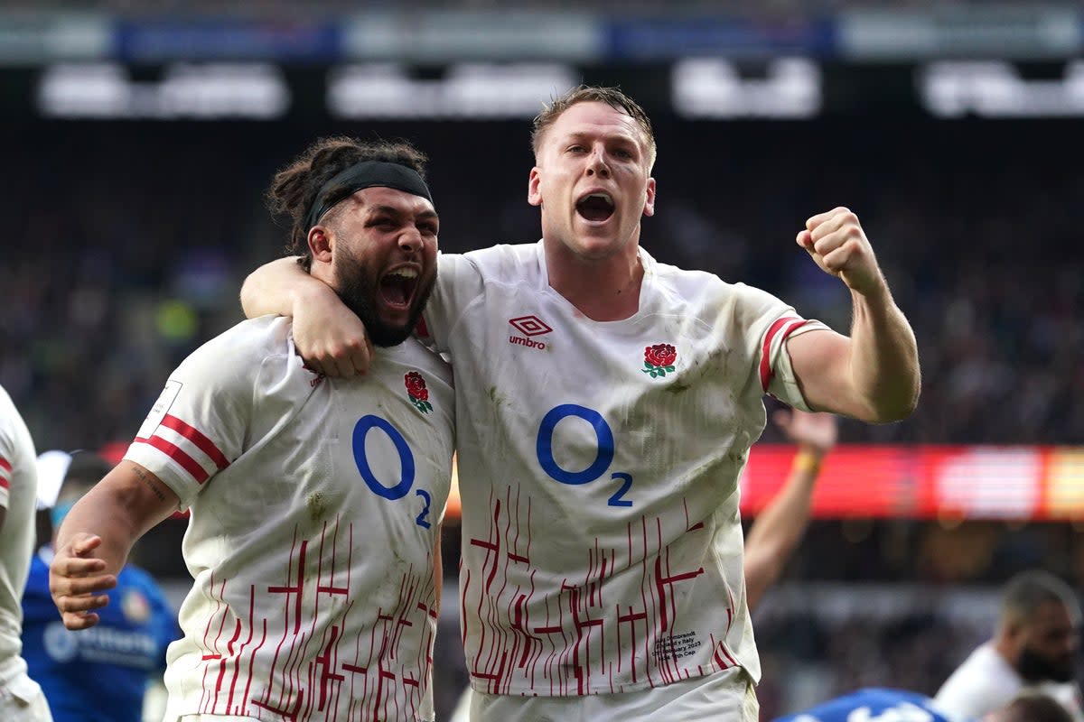 England’s Alex Dombrandt and Lewis Ludlam (left) celebrate after Jamie George scores their sides third try during the Guinness Six Nations match at Twickenham Stadium, London. Picture date: Sunday February 12, 2023. (PA Wire)