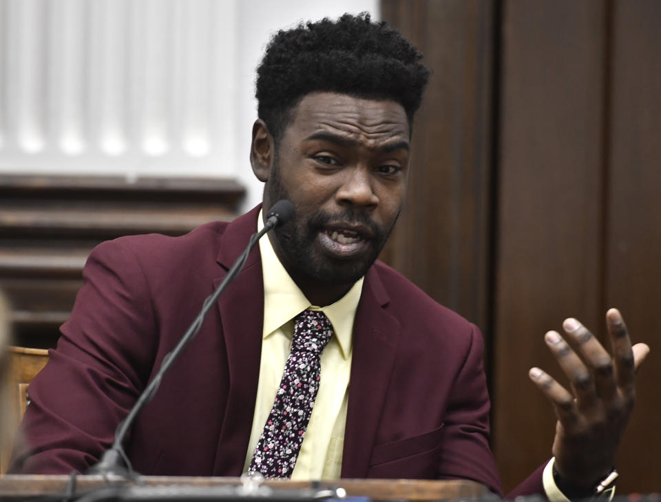 Koerri Washington, also known as Koerri Elijah, returns to the witness stand to testify during Kyle Rittenhouse's trial at the Kenosha County Courthouse in Kenosha, Wis., on Wednesday, Nov. 3 2021. Rittenhouse is accused of killing two people and wounding a third during a protest over police brutality in Kenosha, last year. (Sean Krajacic/The Kenosha News via AP, Pool)