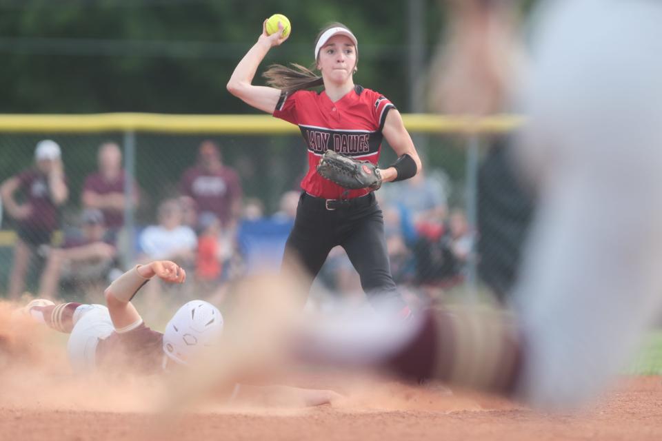 Rossville Kinsey Perine (2) looks to make a double play in the second inning of Thursday's 3A regional championship game against Silver Lake