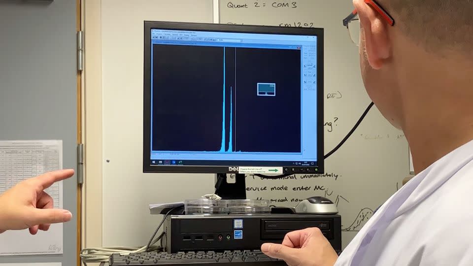 The alpha spectrometry output shown on the screen indicates the presence of plutonium in a Crawford Lake drill core sample. - Courtesy University of Southampton