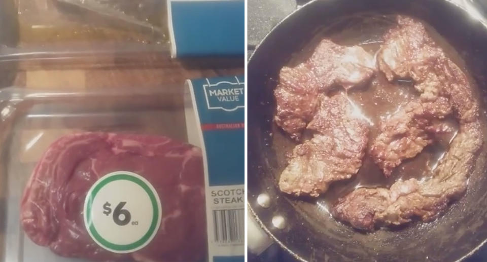 Two photos showing the steak before and after it was cooked.