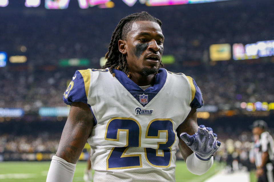 Nickell Robey-Coleman, pictured during the Rams' victory over the Saints in the NFC championship game, may have tugged on Superman's cape with his remarks about Tom Brady's declining ability. (Photo: Icon Sportswire via Getty Images)