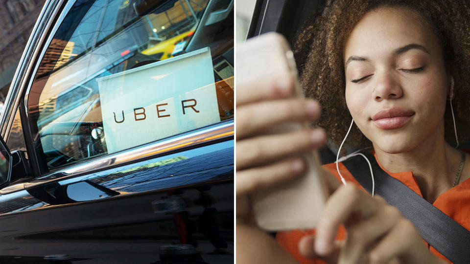 An uber vehicle (left) and a woman closing her eyes, with her headphones in while in a car (right)