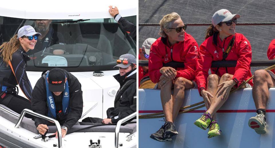 Catherine, Duchess Of Cambridge on a yacht; Princess Mary of Denmark on board Wild Oats XI