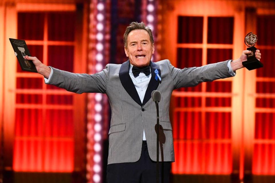 FILE - Bryan Cranston accepts the award for best performance by an actor in a leading role in a play for “Network” at the 73rd annual Tony Awards on June 9, 2019, at in New York. (Photo by Charles Sykes/Invision/AP, File)