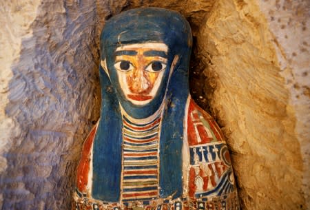 A sarcophagus that was discovered during archaeological excavations near the King Amenemhat II pyramid is displayed during the presentation, south of Cairo