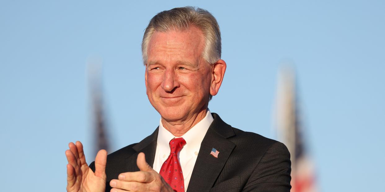 Tommy Tuberville (R-AL) looks on during a campaign rally at Minden-Tahoe Airport