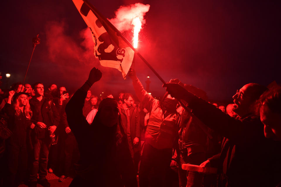 PARIS, FRANCE - March 16: Clashes take place  during a demonstration against French government's plan to raise the legal retirement age in Paris, on March 16, 2023. (Photo by Firas Abdullah/Anadolu Agency via Getty Images)