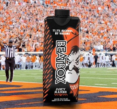 BeatBox's Juicy Mango 11.1% ABV party punch has a new package design featuring Oklahoma State University's Pistol Pete mascot.