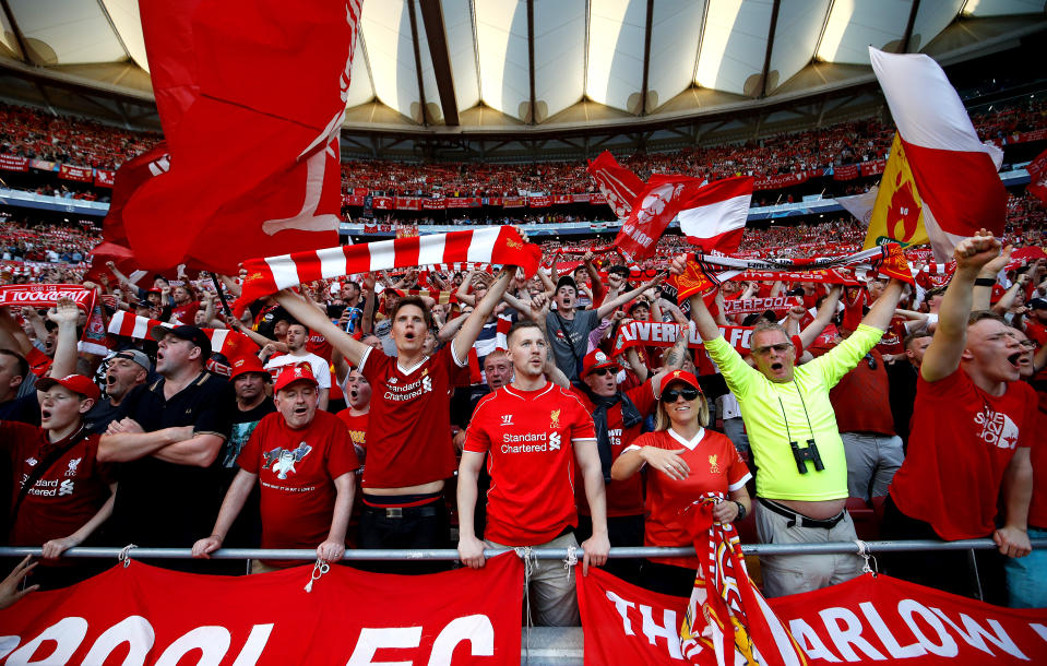 Liverpool fans show support for their team in the stands during the UEFA Champions League Final at the Wanda Metropolitano, Madrid.