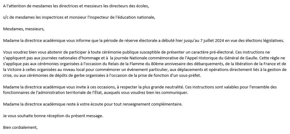 <span>Capture d'écran, réalisée le 20 juin 2024, d'un courrier d'un rectorat aux personnels de l'Education nationale </span>