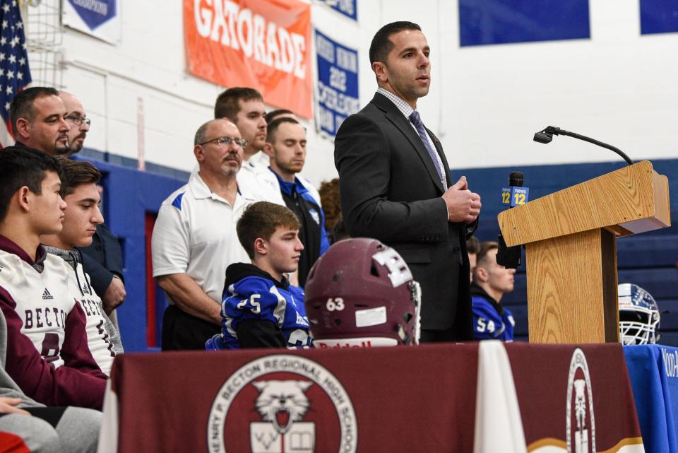 Becton Regional High School Principal Dario Sforza during a 2020 press conference.