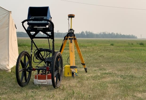 Ground-penetrating radar equipment from SNC Lavalin was obtained by the Battleford Agency Tribal Chiefs and will be used in this weekend's search of the former Delmas Indian Residential School grounds. (Guy Quenneville/CBC - image credit)