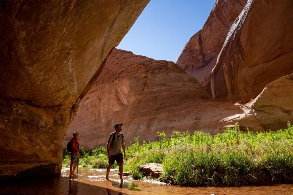 Eric Balken, Executive Director of Glen Canyon Institute, is accompanied by Dimitri Littig on a hike in Lake Canyon, a side canyon off of Lake Powell near Bullfrog, Utah. last summer, the institute and a coalition of groups released a report on what they’ve called “Glen Canyon dam’s big plumbing problem.” the report found that the dam can’t physically release enough water to meet downstream delivery obligations at the elevation 3,440 feet, a fundamental flaw for dam use at lower water levels. | Spenser Heaps, Deseret News