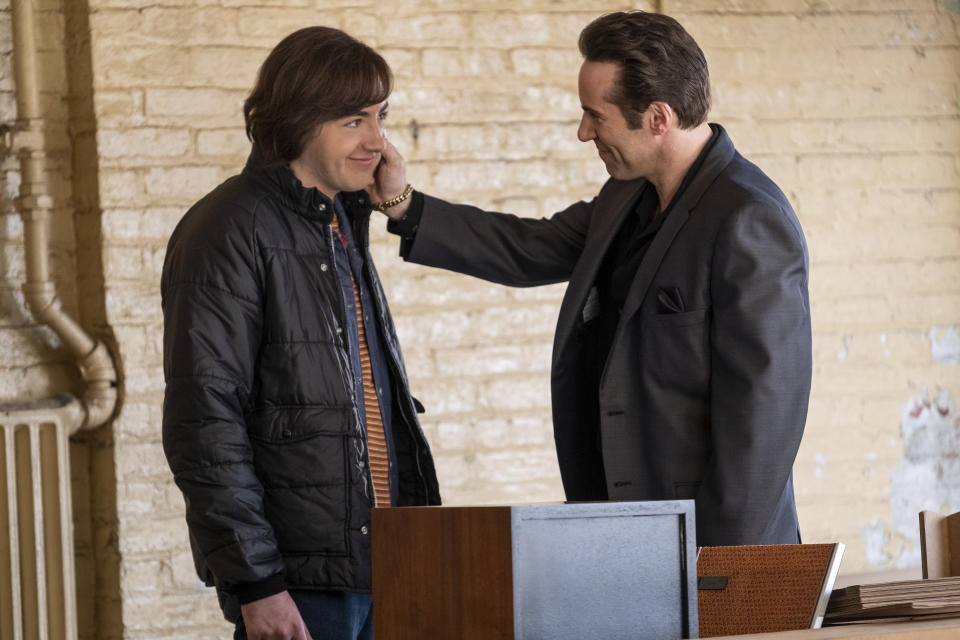 Michael Gandolfini as Teenage Tony Soprano and Alessandro Nivola as Dickie Moltisanti in New Line Cinema and Home Box Office’s mob drama “The Many Saints of Newark,” a Warner Bros. Pictures release. (Barry Wetcher/Warner Bros. Entertainment Inc.)
