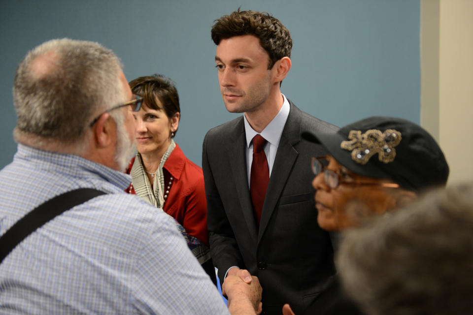 Democratic candidate Jon Ossoff greets supporters after during the League of Women Voters' candidate forum for Georgia's 6th Congressional District special election to replace Tom Price, who is now the secretary of Health and Human Services, in Marietta, Georgia, U.S. April 3, 2017. Picture taken April 3, 2017. REUTERS/Bita Honarvar