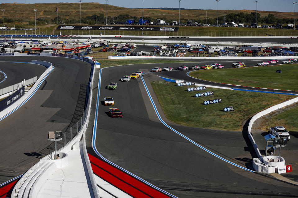 CONCORD, NORTH CAROLINA - OCTOBER 08: A general view of racing during the NASCAR Cup Series Bank of America ROVAL 400 at Charlotte Motor Speedway on October 08, 2023 in Concord, North Carolina. (Photo by James Gilbert/Getty Images)