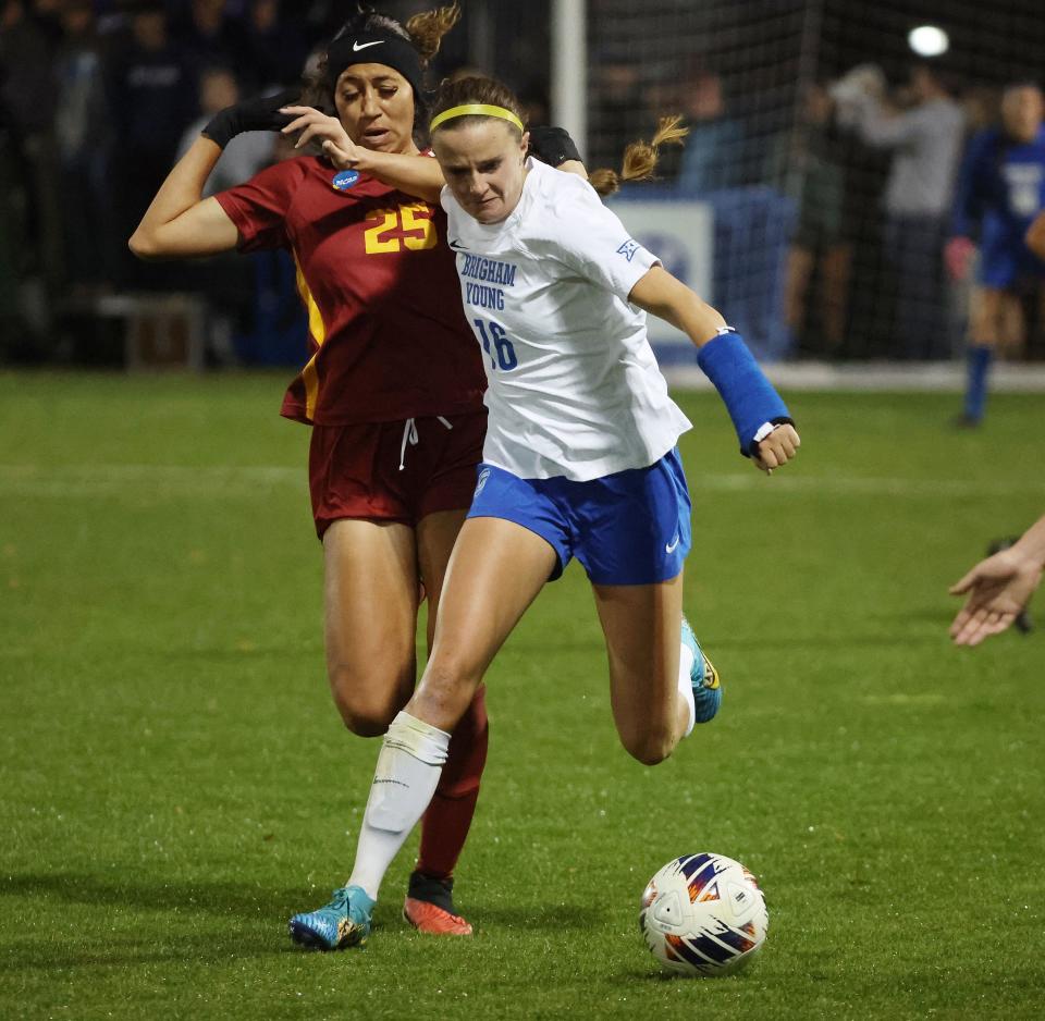 BYU midfielder Kendell Petersen (16) and USC midfielder Aaliyah Farmer (25) compete during the second round of the NCAA championship in Provo on Thursday, Nov. 16, 2023. BYU won 1-0. | Jeffrey D. Allred, Deseret News