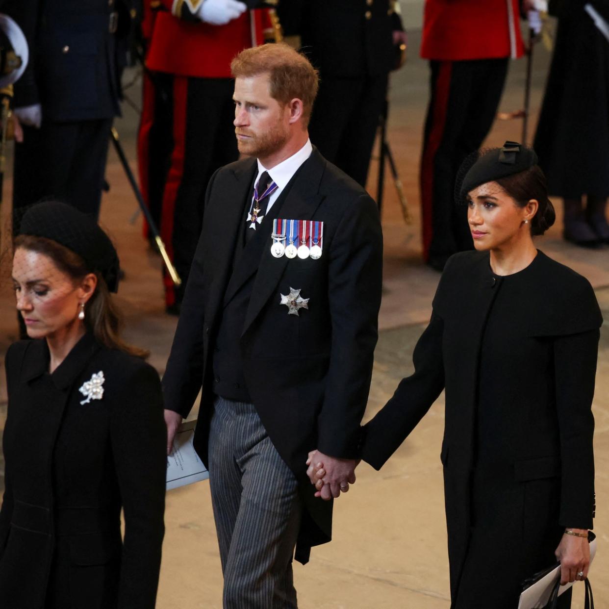  Catherine, Princess of Wales, Prince Harry, Duke of Sussex and Meghan, Duchess of Sussex and Peter Phillips arrive in the Palace of Westminster after the procession for the Lying-in State of Queen Elizabeth II on September 14, 2022 in London, England. Queen Elizabeth II's coffin is taken in procession on a Gun Carriage of The King's Troop Royal Horse Artillery from Buckingham Palace to Westminster Hall where she will lay in state until the early morning of her funeral. Queen Elizabeth II died at Balmoral Castle in Scotland on September 8, 2022, and is succeeded by her eldest son, King Charles III. 
