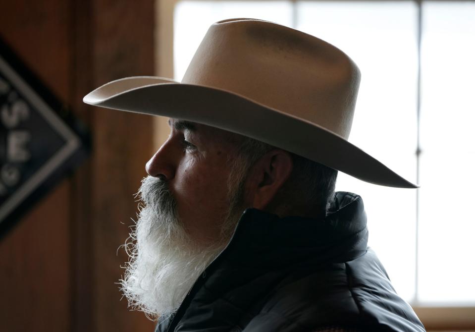 Joe Blystone discusses his bid for Ohio governor at Blystone's Farm Market in Canal Winchester in February.