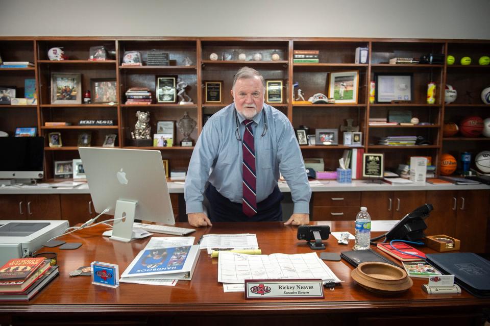 MHSAA Executive Director Rickey Neaves, in his office at the MHSAA office in Clinton, Tuesday, Nov. 14, 2023, has been with the organization since 2011. He served as associate director of athletics before taking the helm of MHSAA in January 2021.