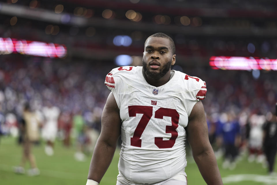 GLENDALE, ARIZONA - SEPTEMBER 17: Evan Neal #73 of the New York Giants looks on following an NFL football game between the Arizona Cardinals and the New York Giants at State Farm Stadium on September 17, 2023 in Glendale, Arizona. (Photo by Michael Owens/Getty Images)