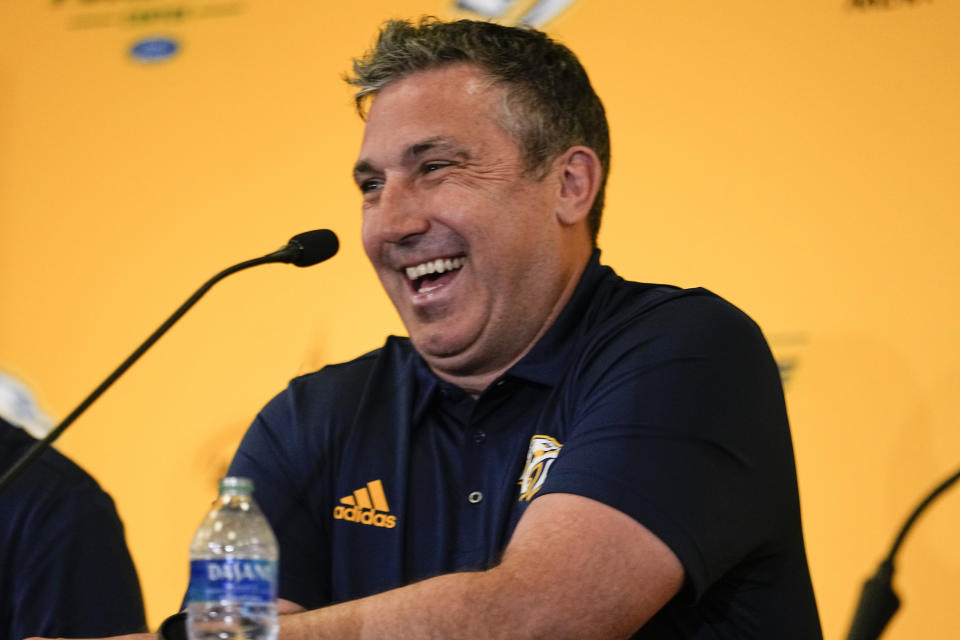 Nashville Predators new head coach Andrew Brunette responds to questions during a news conference announcing his position at the NHL hockey team's arena, Wednesday, May 31, 2023, in Nashville, Tenn. (AP Photo/George Walker IV)
