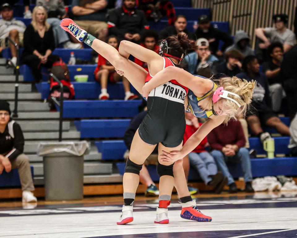 Kylee Trostle (ELCO) wrestles Journie Rodriguez (J.P. McCasky) in the 112 lb. Championship match. The Lancaster Lebanon League Wrestling Championships were held at Manheim Township on Saturday January 27, 2024.