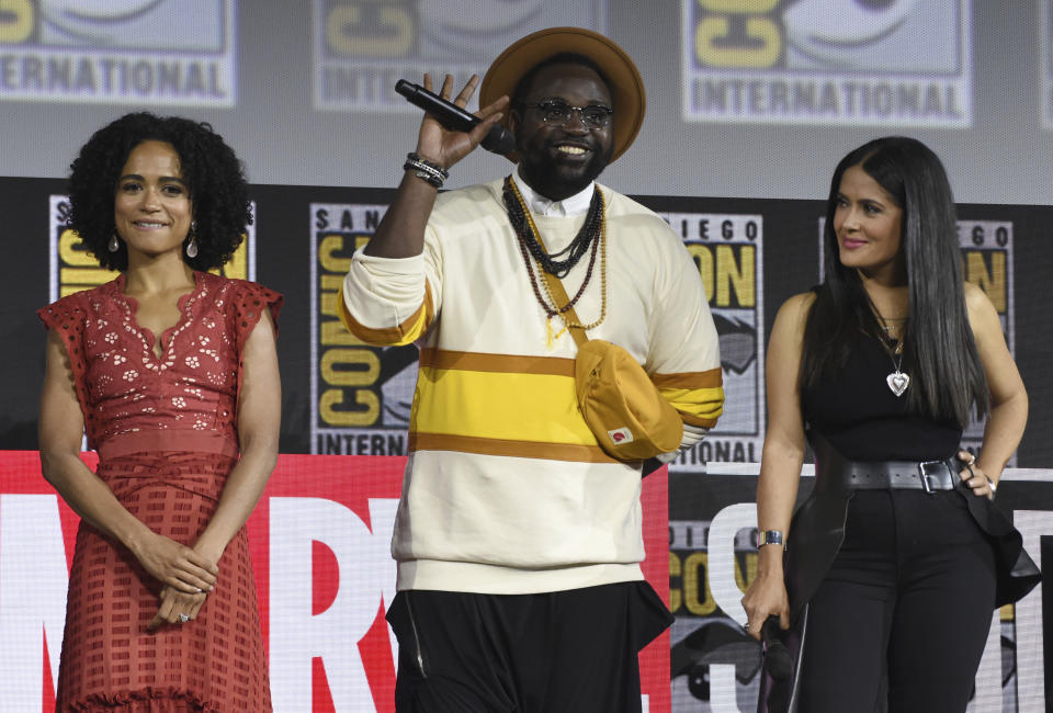 Lauren Ridloff, from left, Brian Tyree Henry and Salma Hayek participate in the Marvel Studios panel on day three of Comic-Con International on Saturday, July 20, 2019, in San Diego. (Photo by Chris Pizzello/Invision/AP)