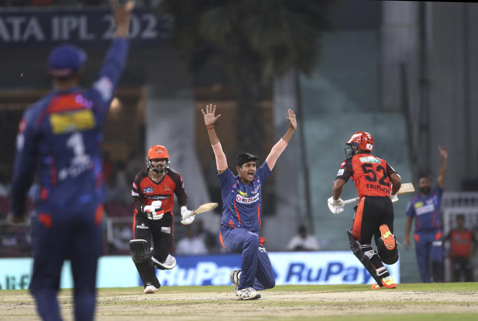Yash Thakur of Lucknow Super Giants appeals unsuccessfully for the wicket of Anmolpreet Singh of Sunrisers Hyderabad during the Indian Premier League cricket match, in Lucknow, India, Friday, April 7, 2023. (AP Photo/Surjeet Yadav)